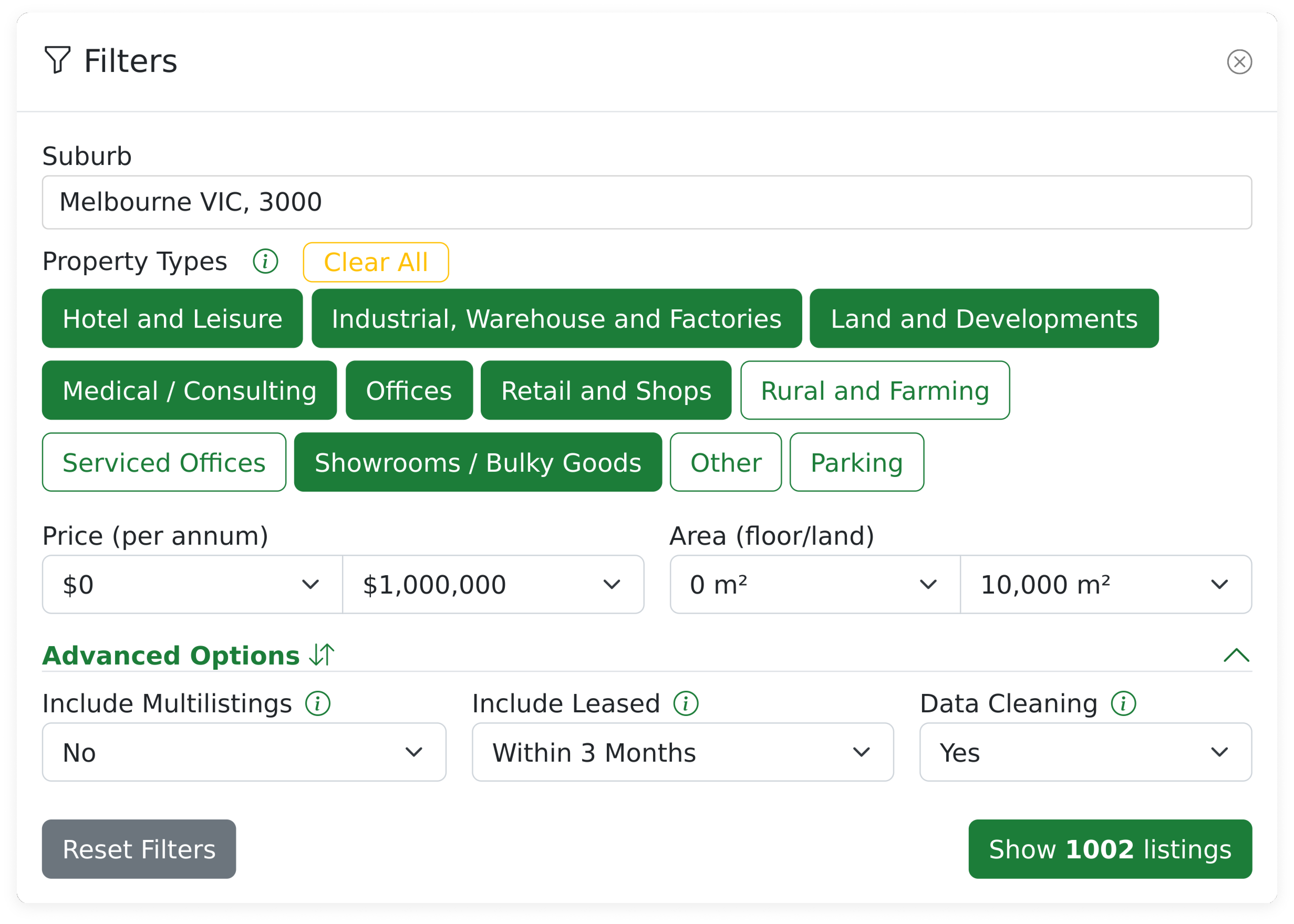 MarketBuddy Advanced Filters Pop Up